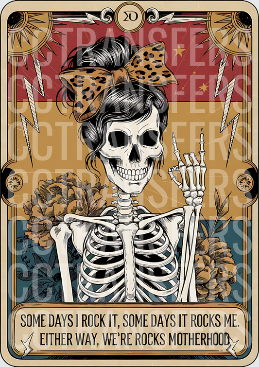 Skeleton Mom Messy Bun Rocks Motherhood Tarot Card (DTF)