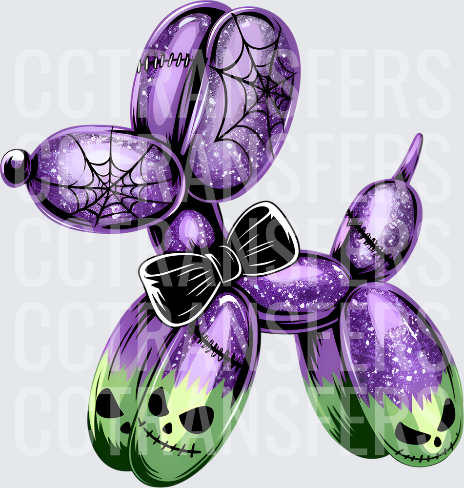 Purple Glitter Halloween Balloon Dog with Skull Faces (DTF)