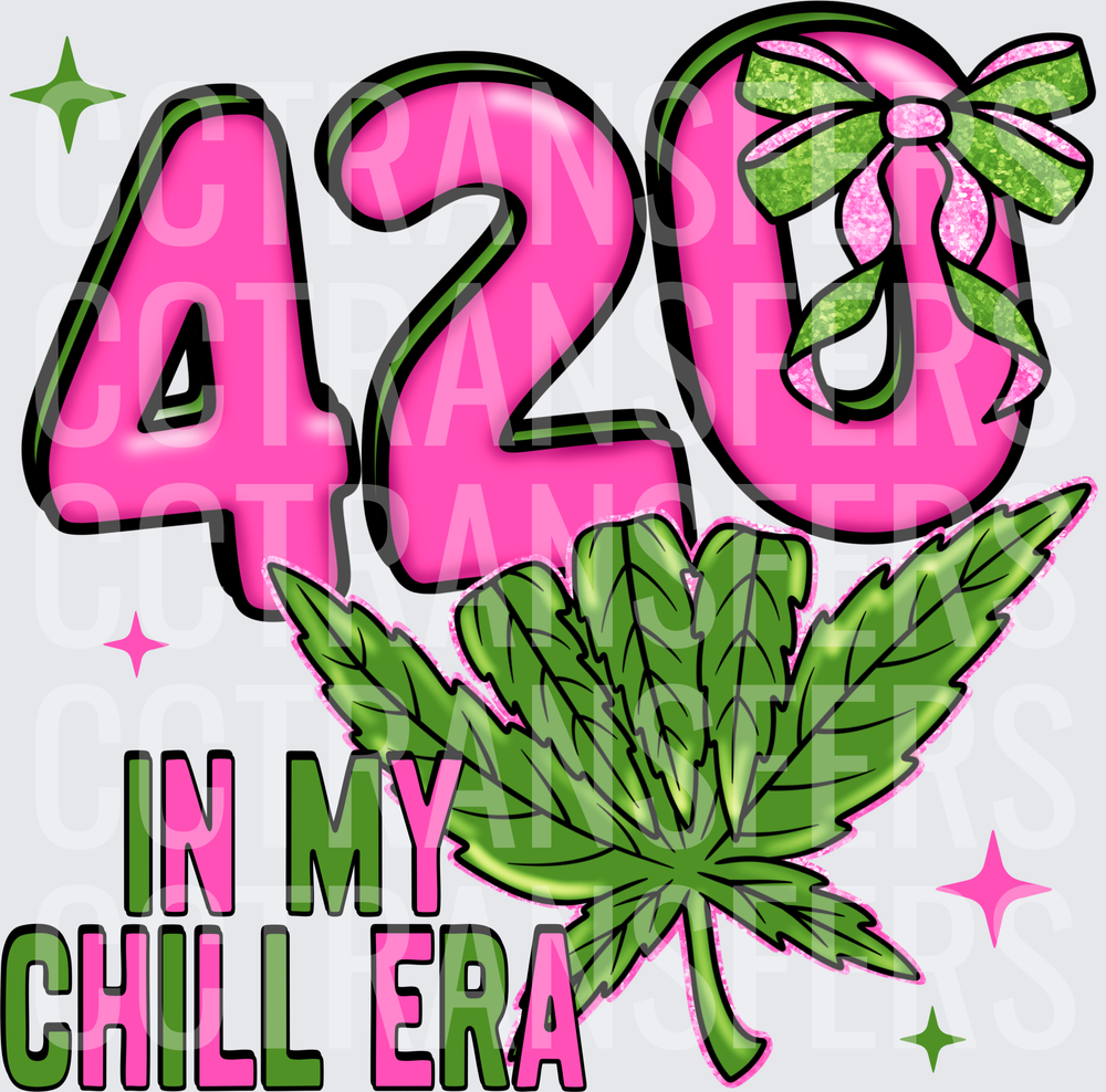 420 In My Chill Era Pink Cannabis Leaf Bow Sparkle (DTF)