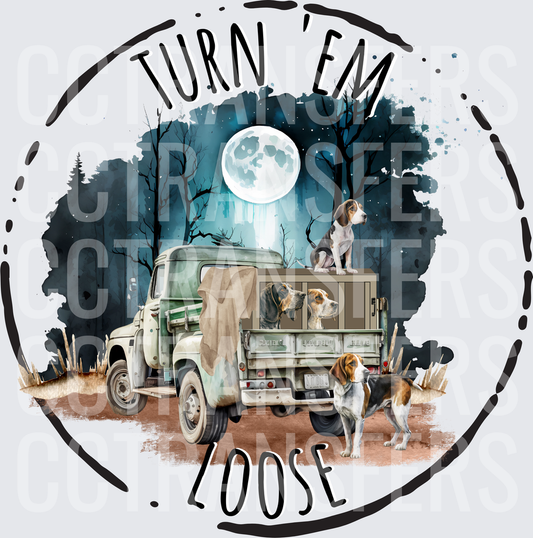 Turn Em Loose Hound Dogs Old Truck Full Moon Night (DTF)