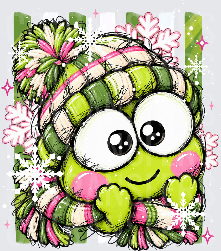 Cute Green Monster Winter Beanie Snowflakes Pink Scarf (DTF)