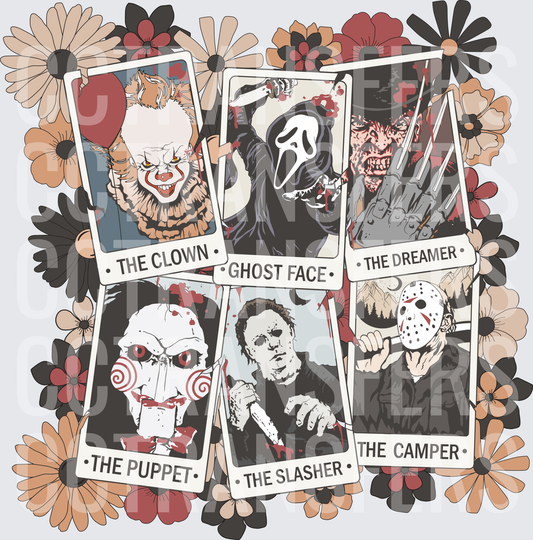 Six Horror Icons Tarot Card Collage with Floral Border (DTF)