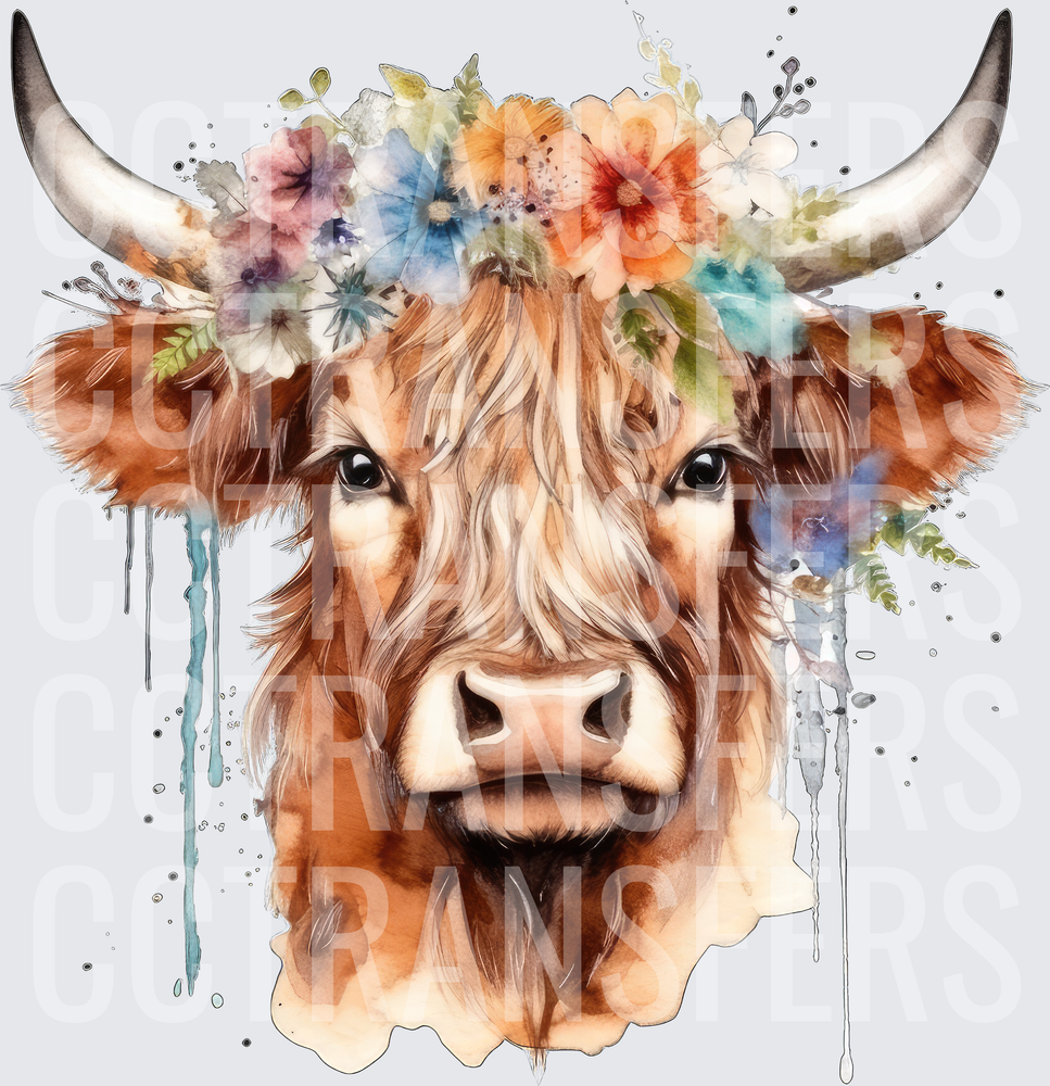 Watercolor Highland Cow Floral Crown with Paint Drips (DTF)