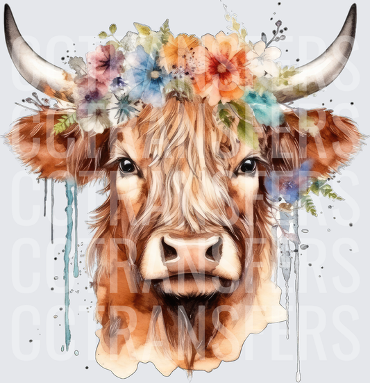 Watercolor Highland Cow Floral Crown with Paint Drips (DTF)