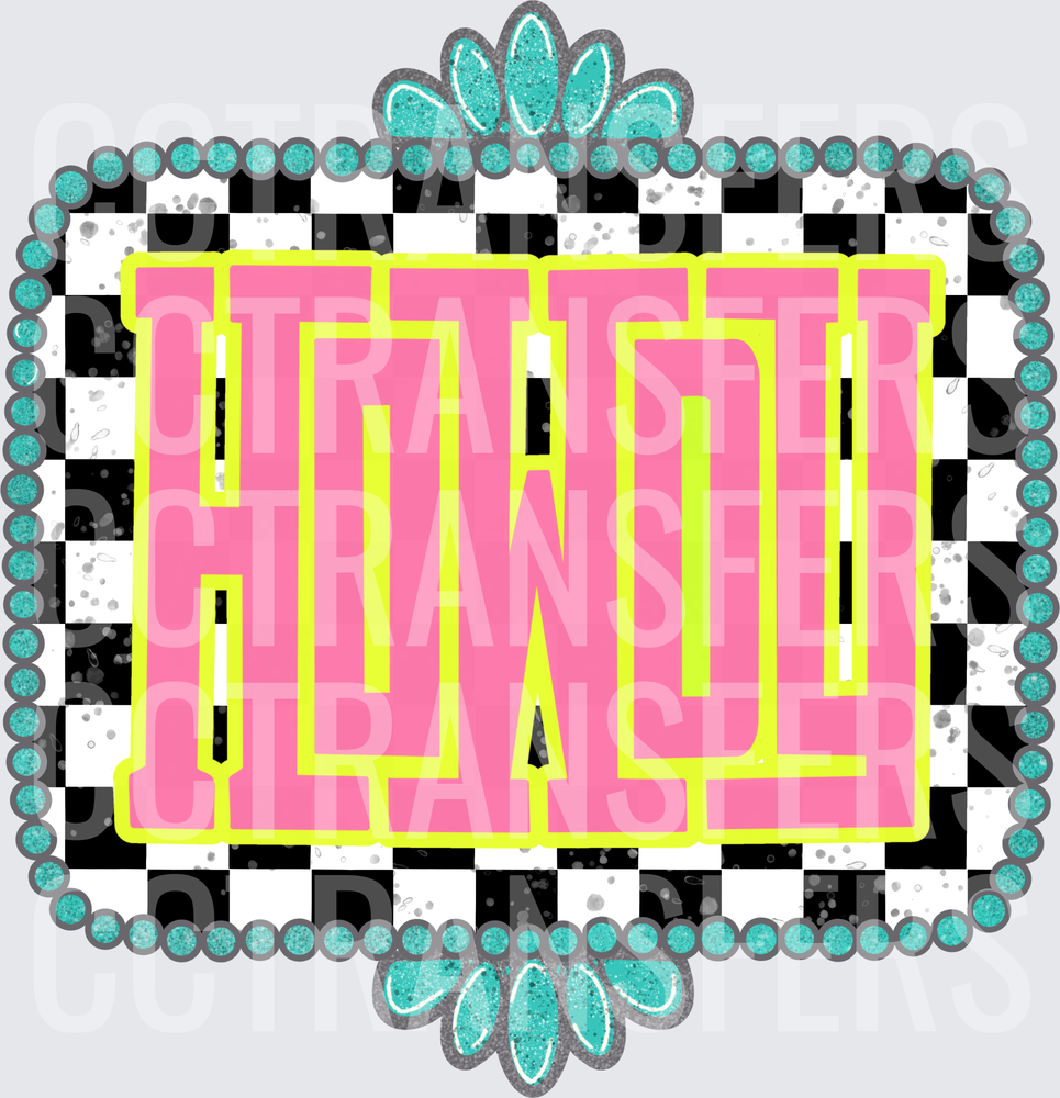 Howdy Pink Neon Checkered Turquoise Beaded Frame (DTF)