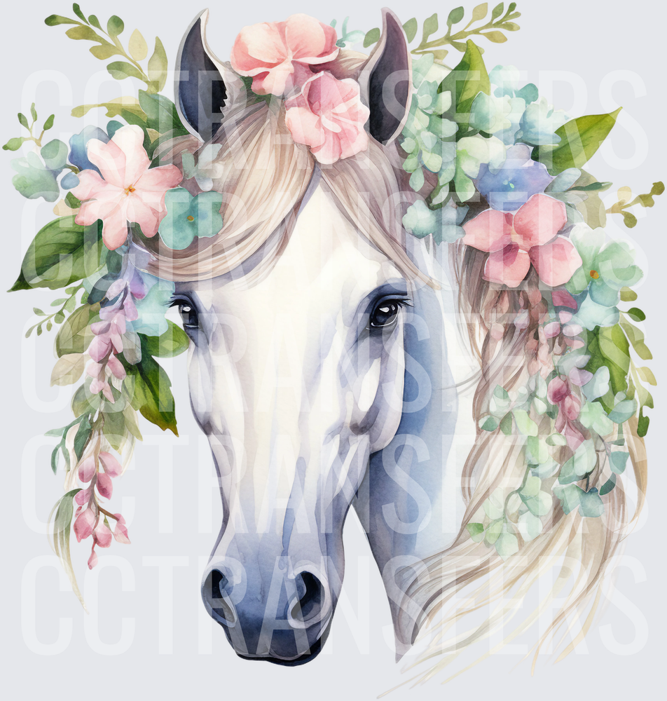 Watercolor White Horse with Pastel Floral Crown (DTF)