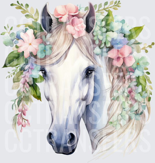 Watercolor White Horse with Pastel Floral Crown (DTF)