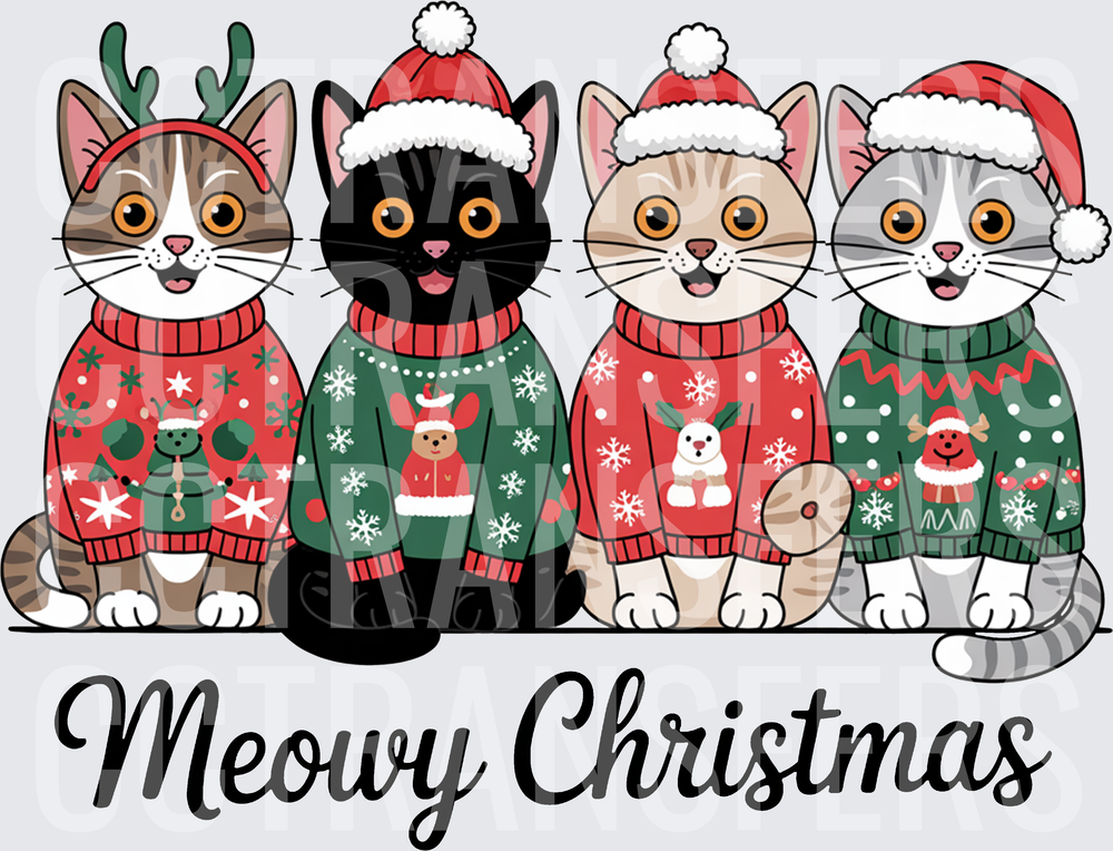Meowy Christmas Four Cats in Holiday Sweaters (DTF)