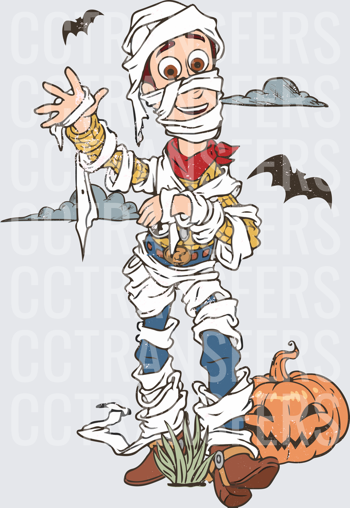 Halloween Mummy Cowboy Boy with Jack-o-Lantern and Bats (DTF)