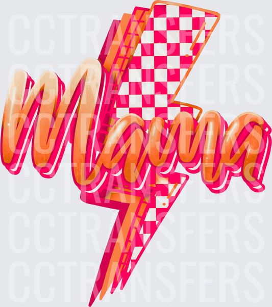 Mama Retro Checkered Lightning Bolt Pink Orange (DTF)