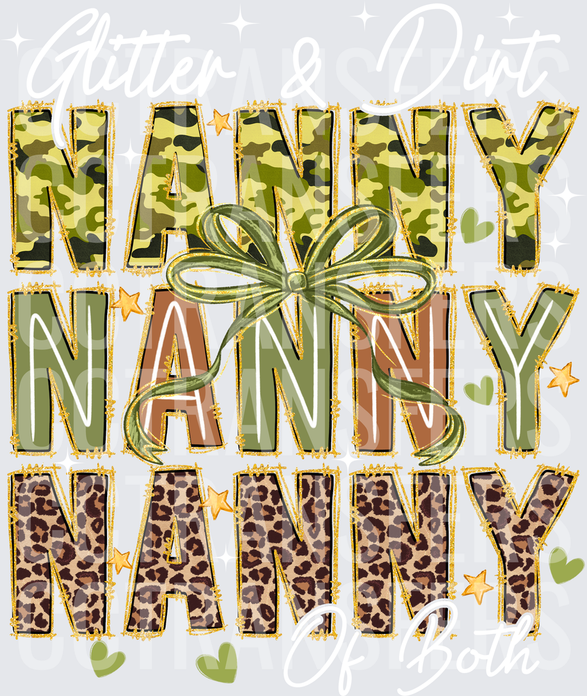 Nanny Camo Leopard Stacked Letters Green Bow Hearts (DTF)