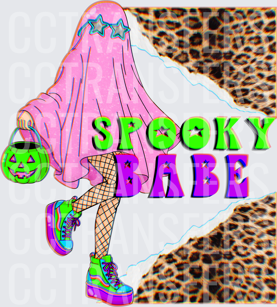 Spooky Babe Pink Ghost Fishnets Leopard Halloween (DTF)