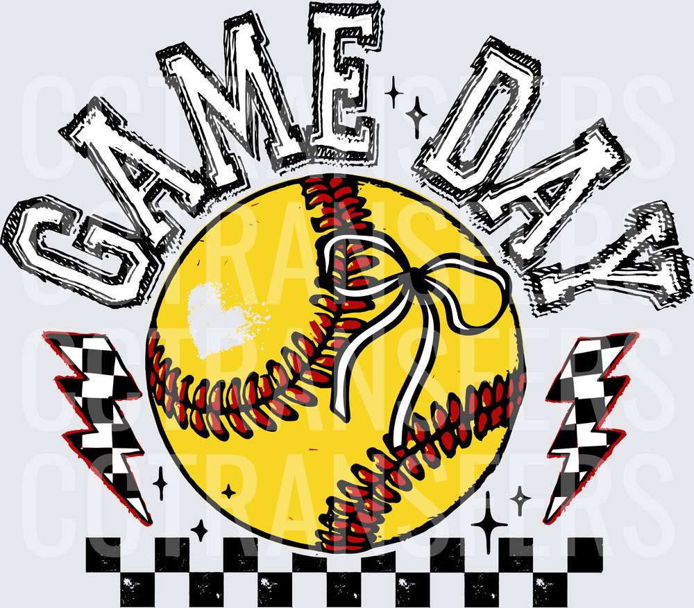 Game Day Softball Bow Checkered Lightning Bolt (DTF)