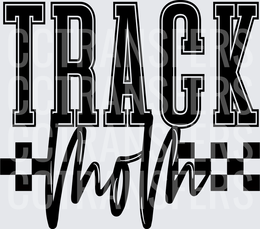 Track Mom Bold Varsity Script Checkered Flag Design (DTF)