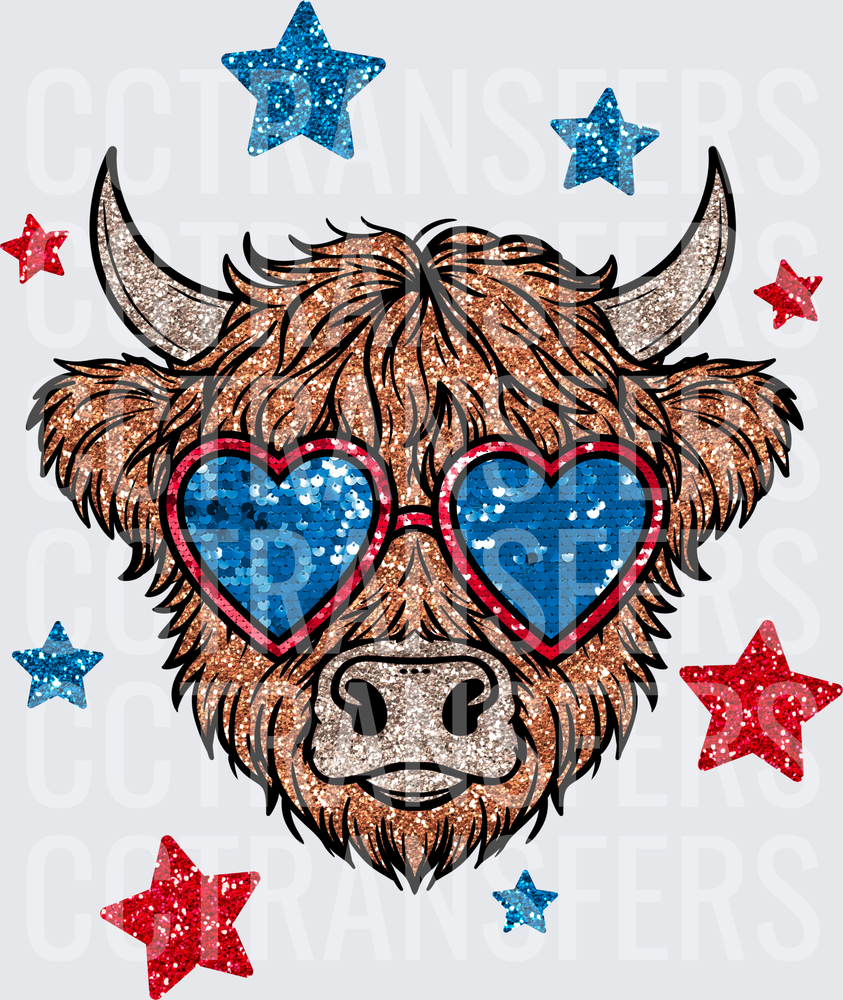 Patriotic Glitter Highland Cow Heart Sunglasses Stars (DTF)