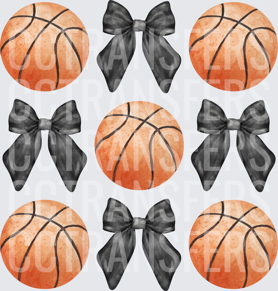 Watercolor Basketballs and Black Bows Pattern (DTF)