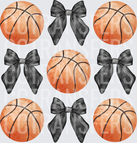 Watercolor Basketballs and Black Bows Pattern (DTF)