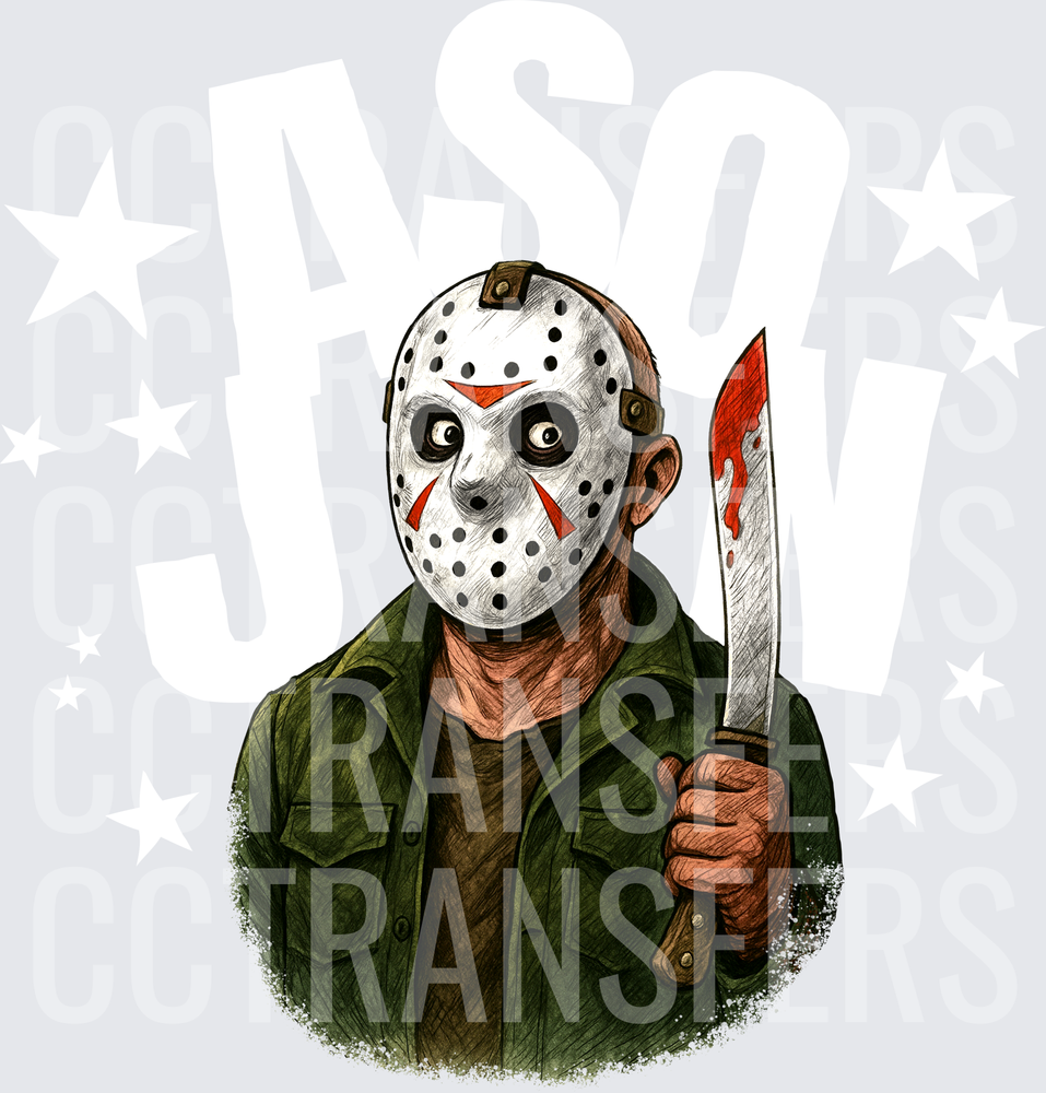 Masked Slasher with Bloody Machete Illustrated Art (DTF)