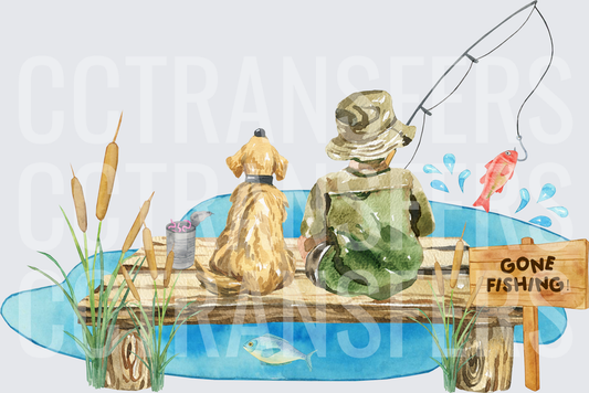 Watercolor Boy & Dog on Dock Gone Fishing Sign (DTF)