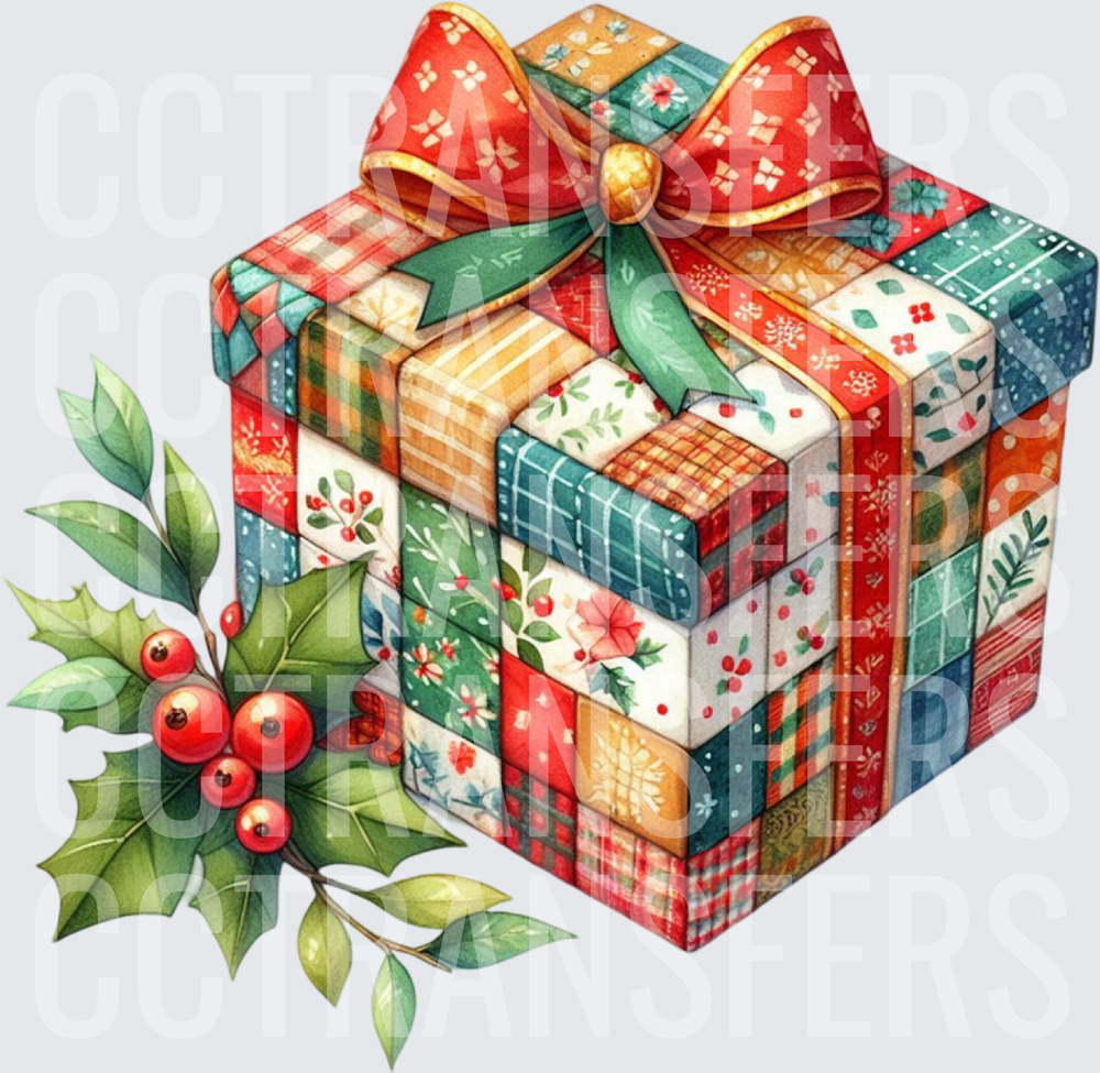 Patchwork Quilt Christmas Gift Box with Holly Berries (DTF)