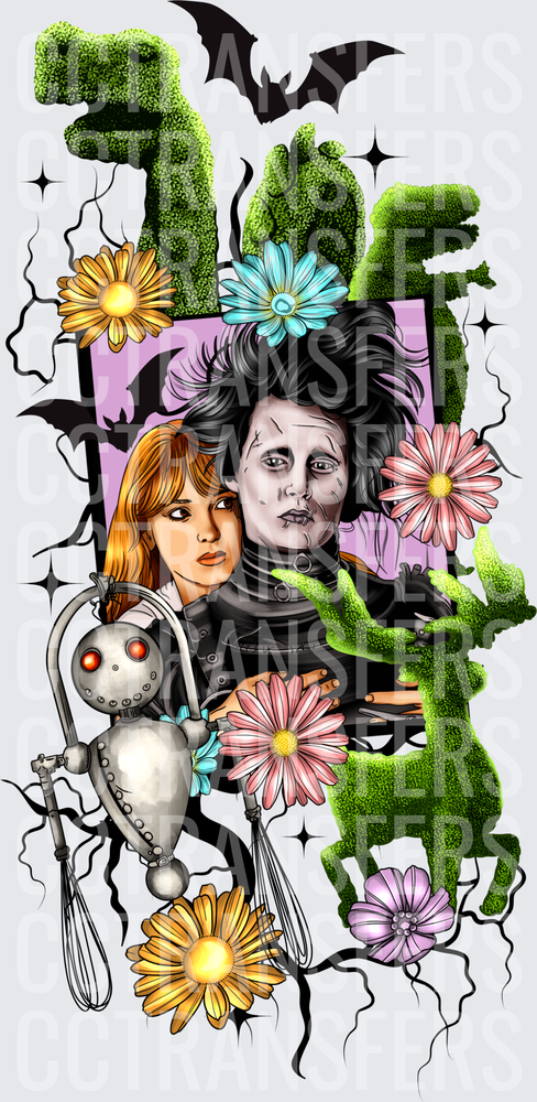 Edward Scissorhands Floral Topiary Bats Gothic Collage (DTF)