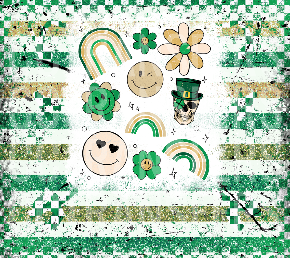 St. Patrick's Day Retro Smiley Skull Clover Rainbow Collage (DTF)