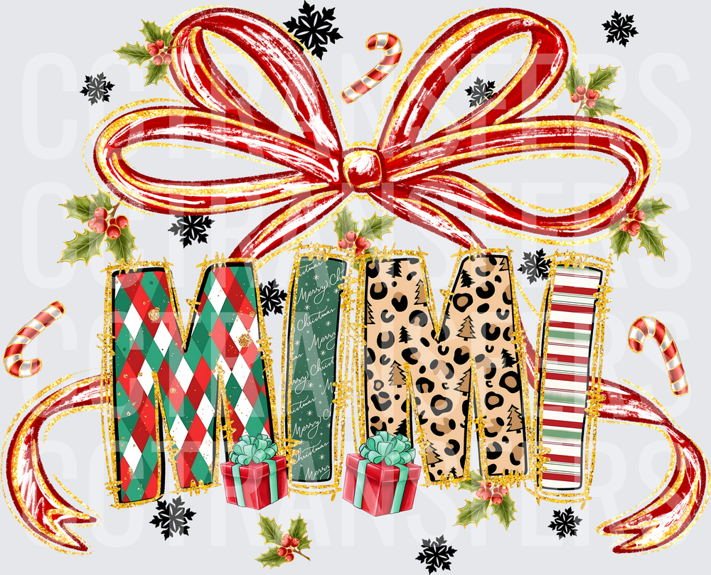 Christmas Patterned MOM Red Bow Holly Candy Cane (DTF)