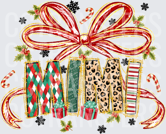 Christmas Patterned MOM Red Bow Holly Candy Cane (DTF)