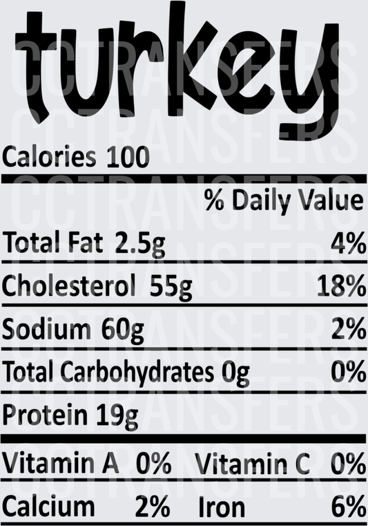Turkey Nutrition Facts Label Funny Thanksgiving (DTF)