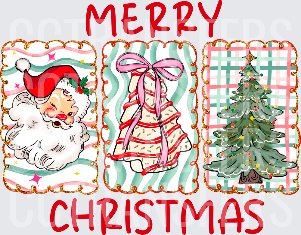 Merry Christmas Santa Bell Tree Retro Trio Panel (DTF)