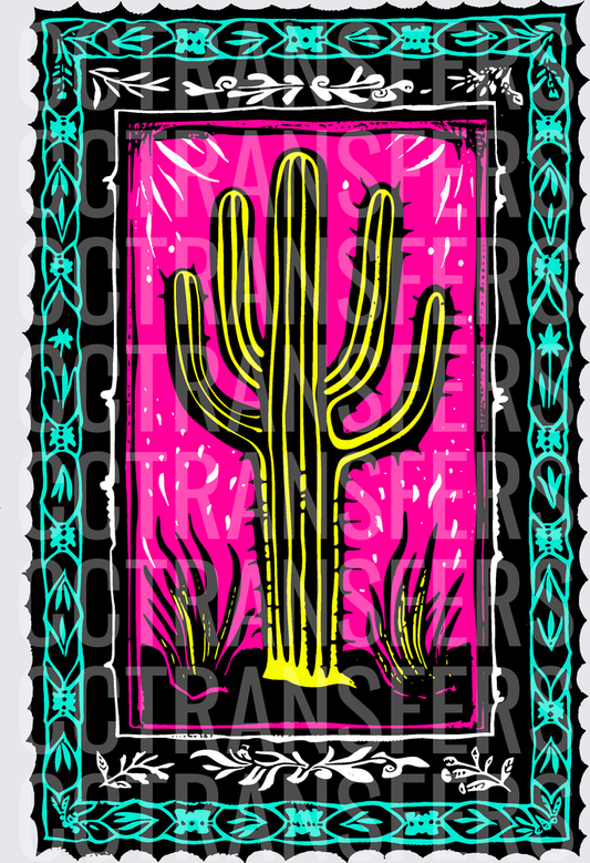 Neon Pink Saguaro Cactus Folk Art Border Design (DTF)