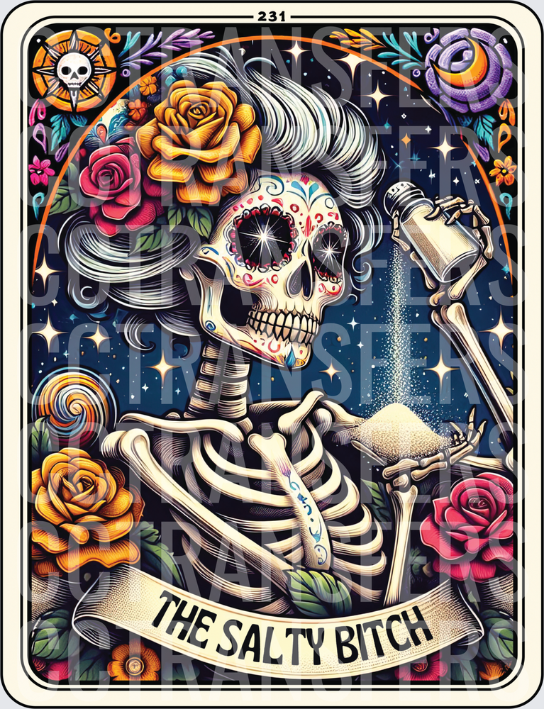 The Salty Bitch Sugar Skull Skeleton Tarot Card (DTF)