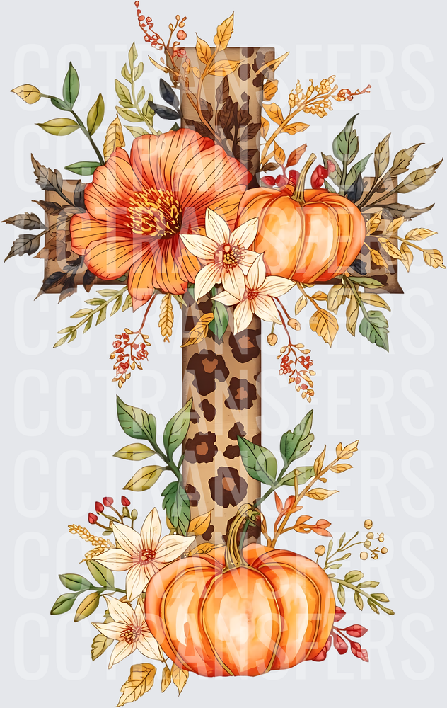 Leopard Print Cross Fall Floral Pumpkin Arrangement (DTF)