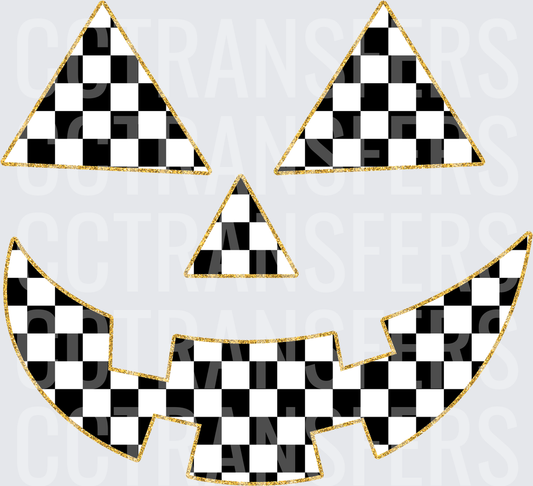 Black White Checkered Jack-O-Lantern Face Gold Glitter (DTF)