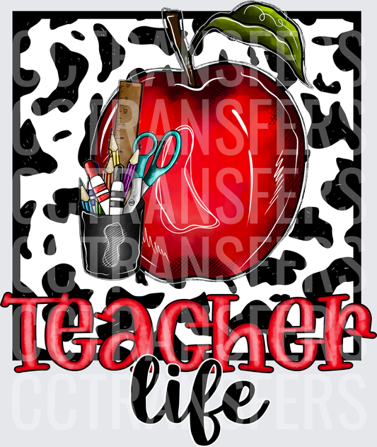 Teacher Life Red Apple Cow Print School Supplies (DTF)