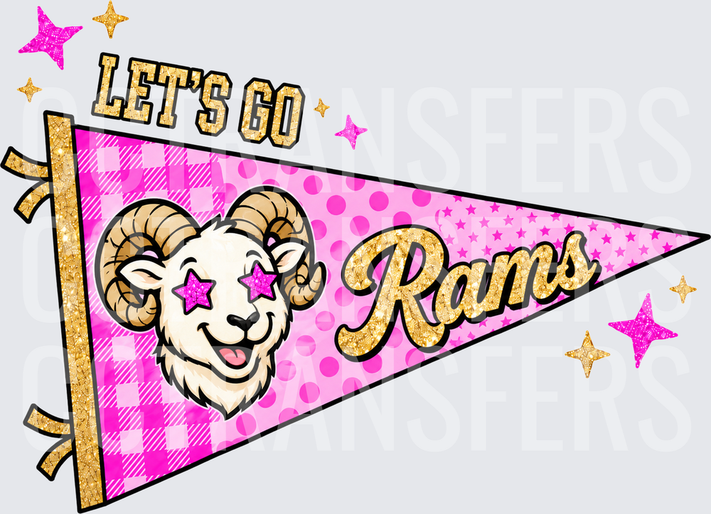 Let's Go Rams Pink Glitter Pennant Flag Ram Mascot (DTF)
