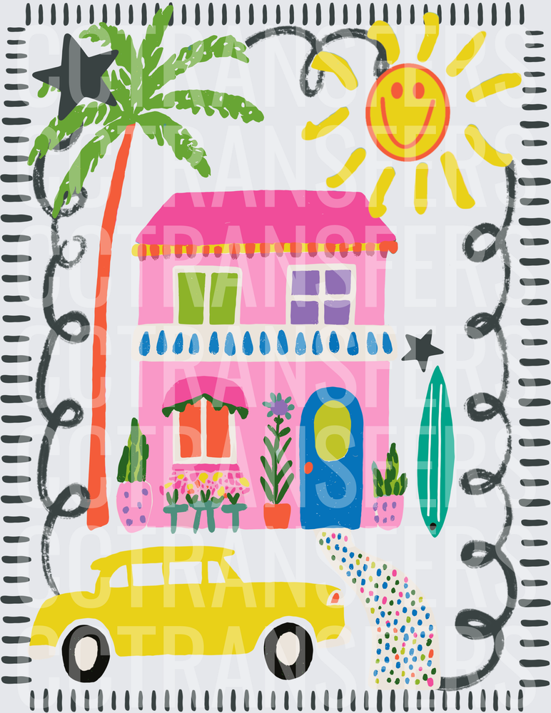 Colorful Beach House Palm Tree Surf Yellow Car Sun DTF