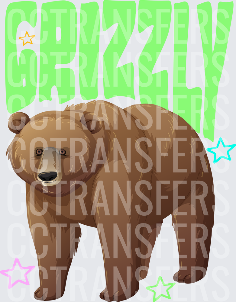 Grizzly Bear with Colorful Stars Bold Text (DTF)