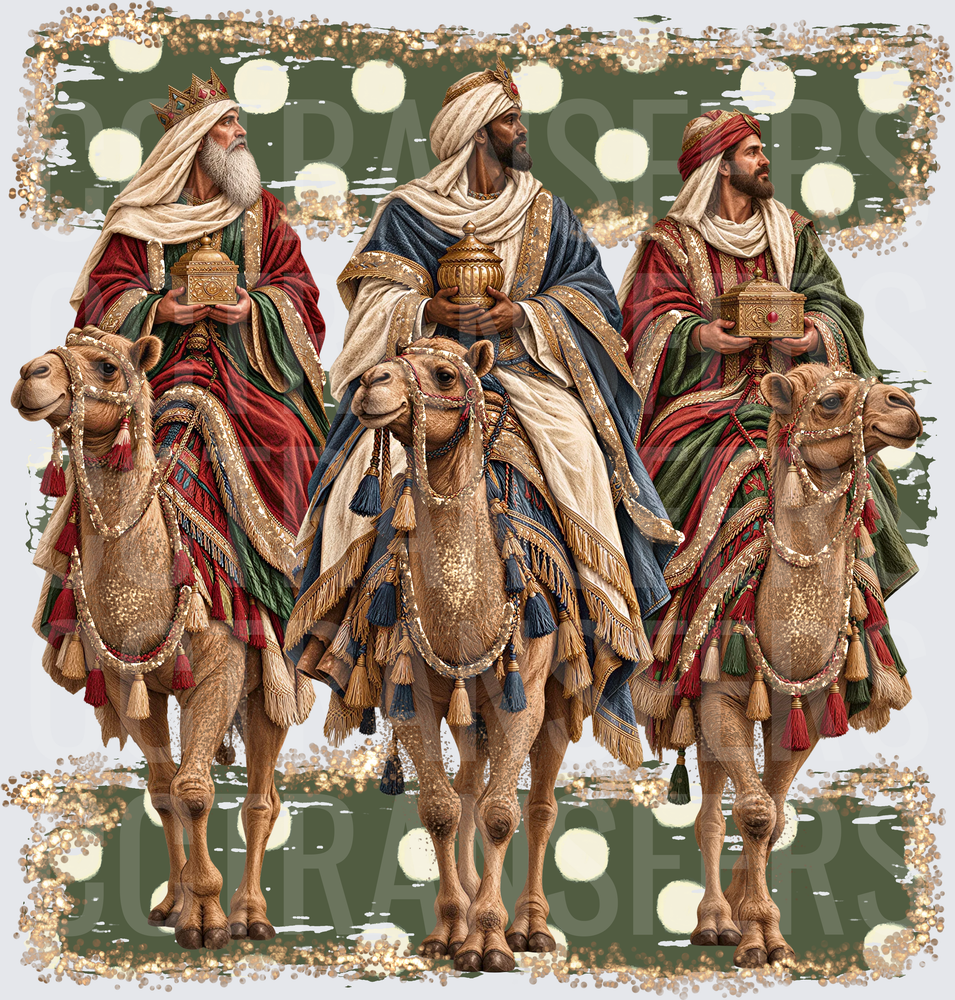 Three Wise Men Riding Camels Bearing Gifts (DTF)