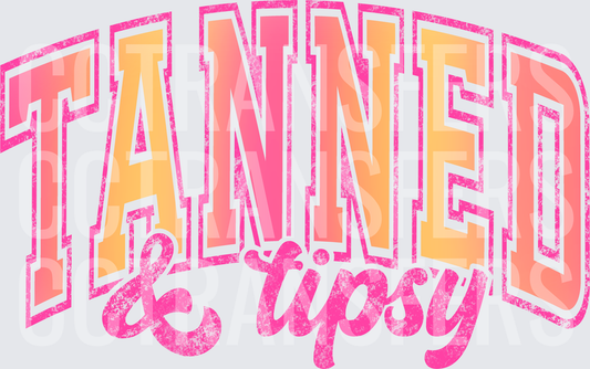 Tanned & Tipsy Distressed Gradient Varsity Script (DTF)