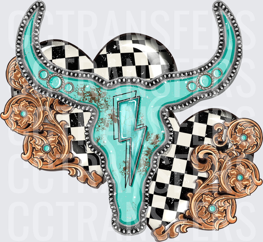 Turquoise Bull Skull Checkered Lightning Bolt Floral (DTF)