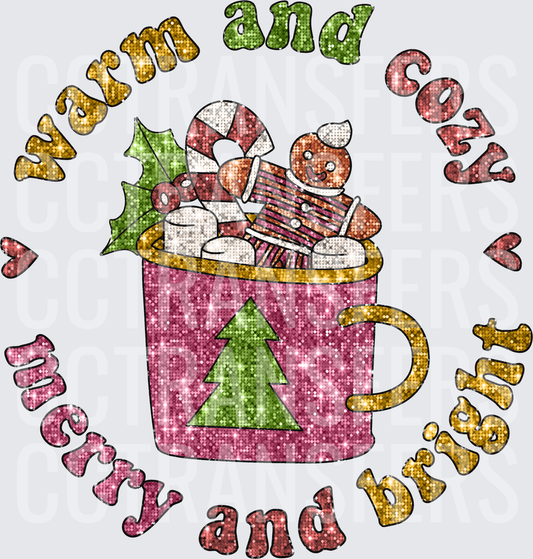 Warm And Cozy Merry And Bright Glitter Christmas Mug (DTF)