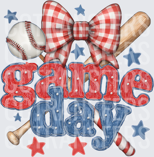 Game Day Baseball Bat Ball Red Gingham Bow Stars (DTF)