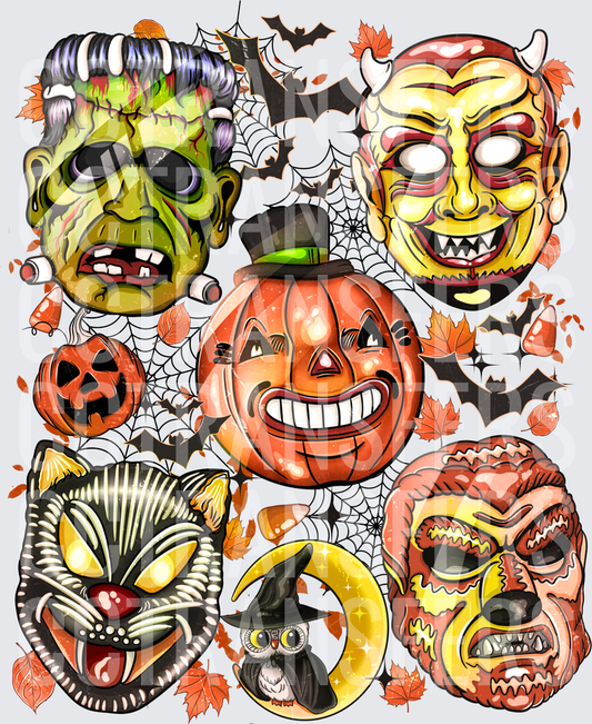 Retro Halloween Monster Masks Collage Frankenstein Devil (DTF)