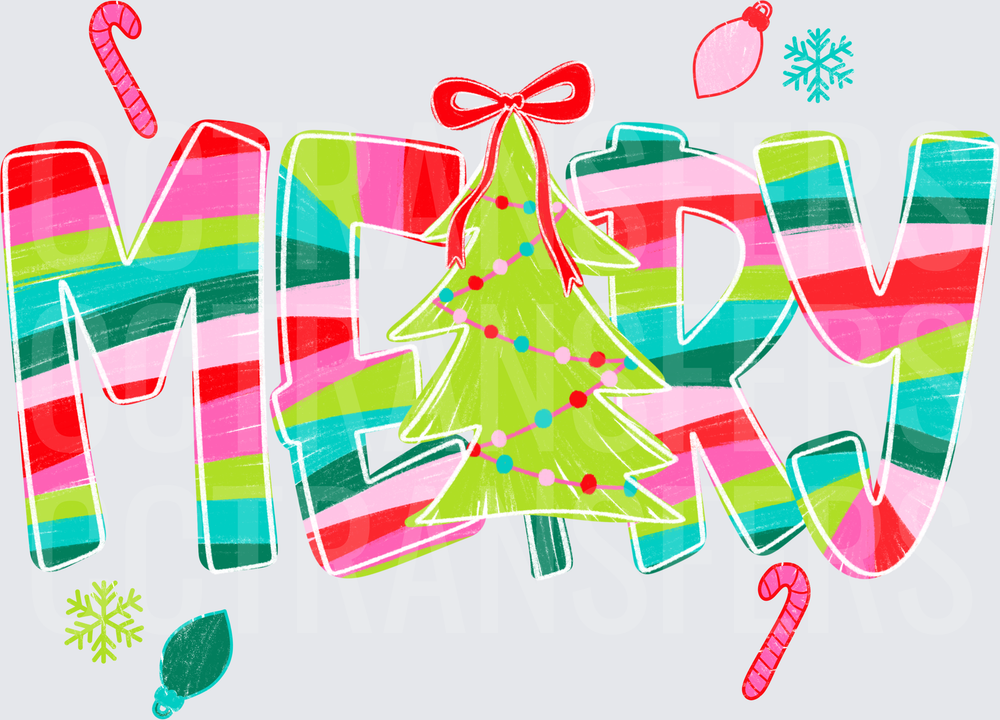 Merry Bold Striped Letters Christmas Tree Candy Cane (DTF)