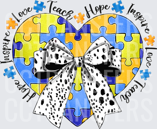 Autism Awareness Puzzle Heart Dalmatian Bow Inspire Love Teach Hope (DTF)