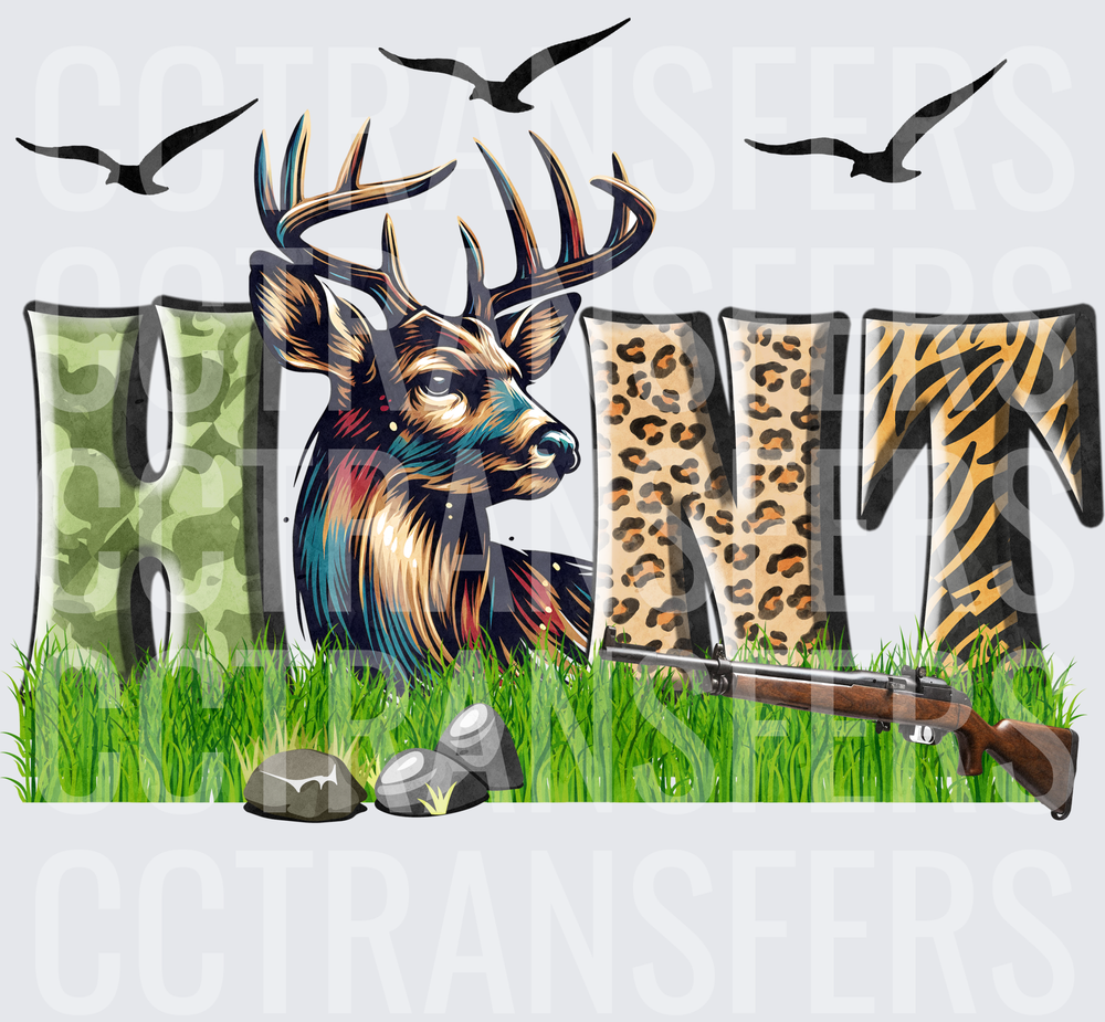 HUNT Buck Deer Camo Leopard Tiger Print Rifle Grass (DTF)