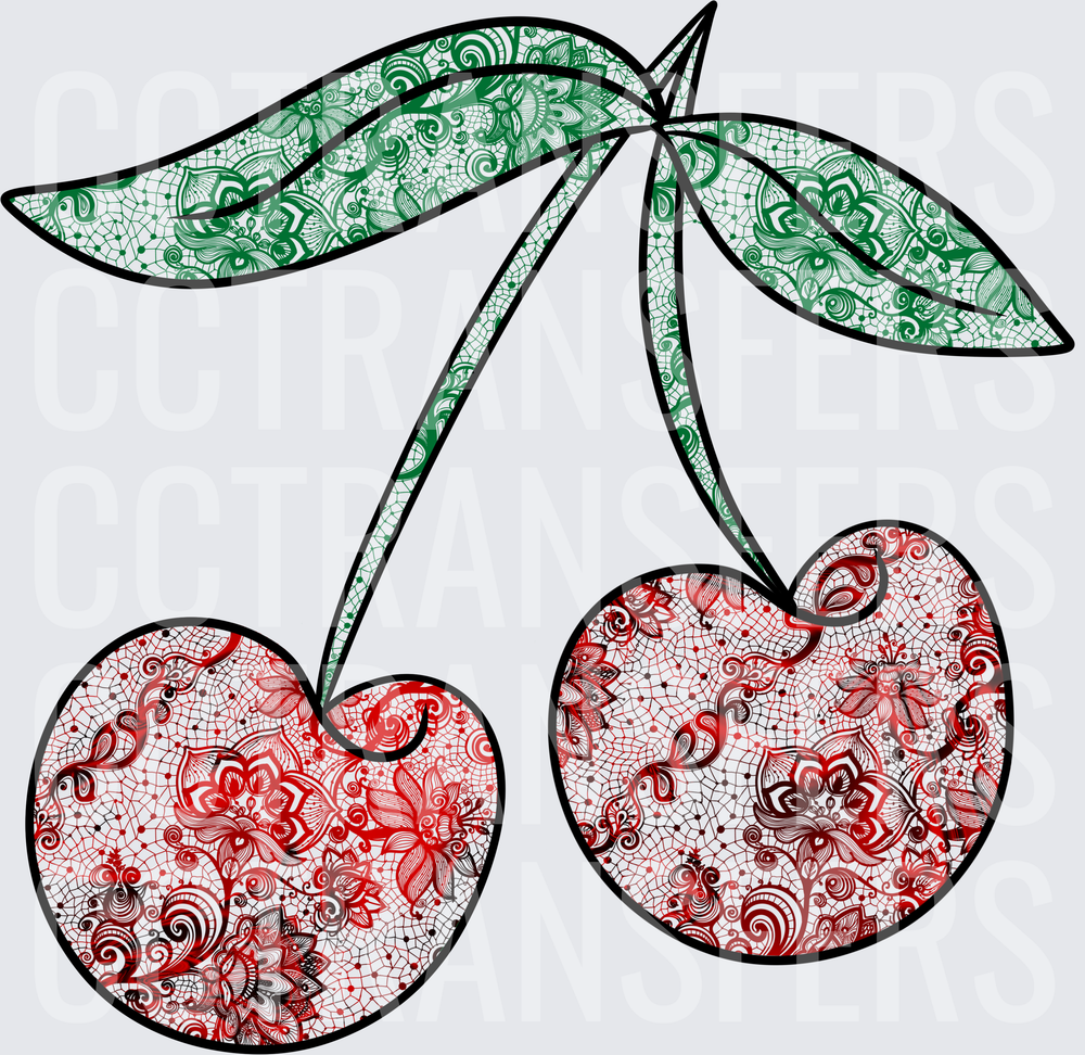 Ornate Lace Floral Cherry Pair with Mandala Detail (DTF)