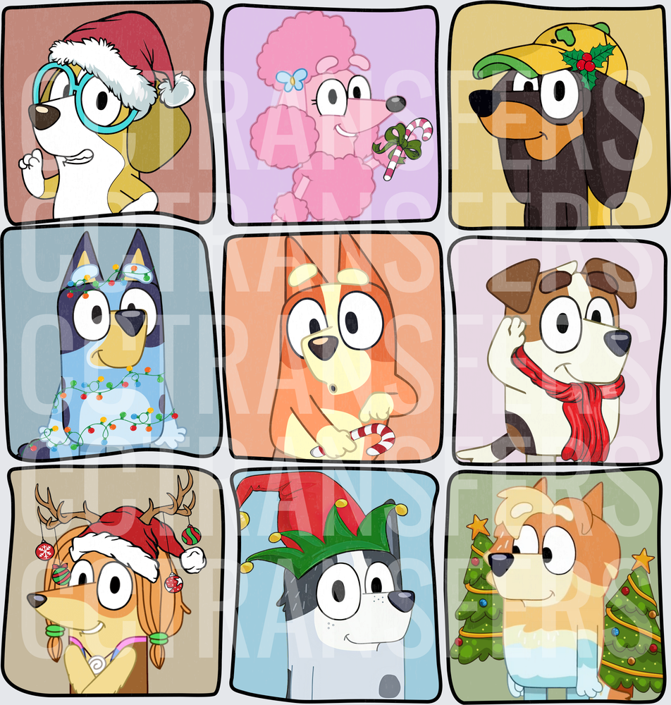 Cartoon Dog Friends Christmas Holiday Grid Panel (DTF)