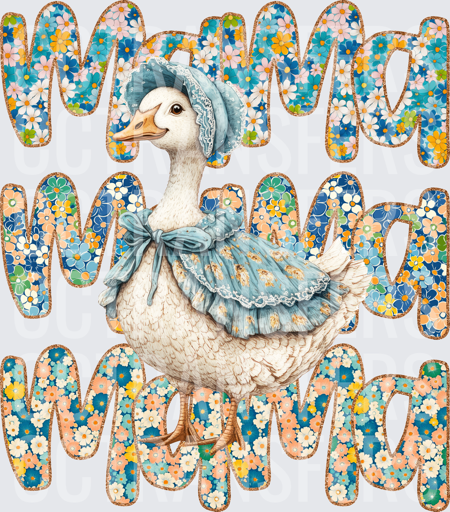Mama Floral Goose in Blue Bonnet and Dress (DTF)